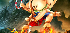 [monkey king battles a three-headed gigantic demon rising from flames against a grey mountainous background]